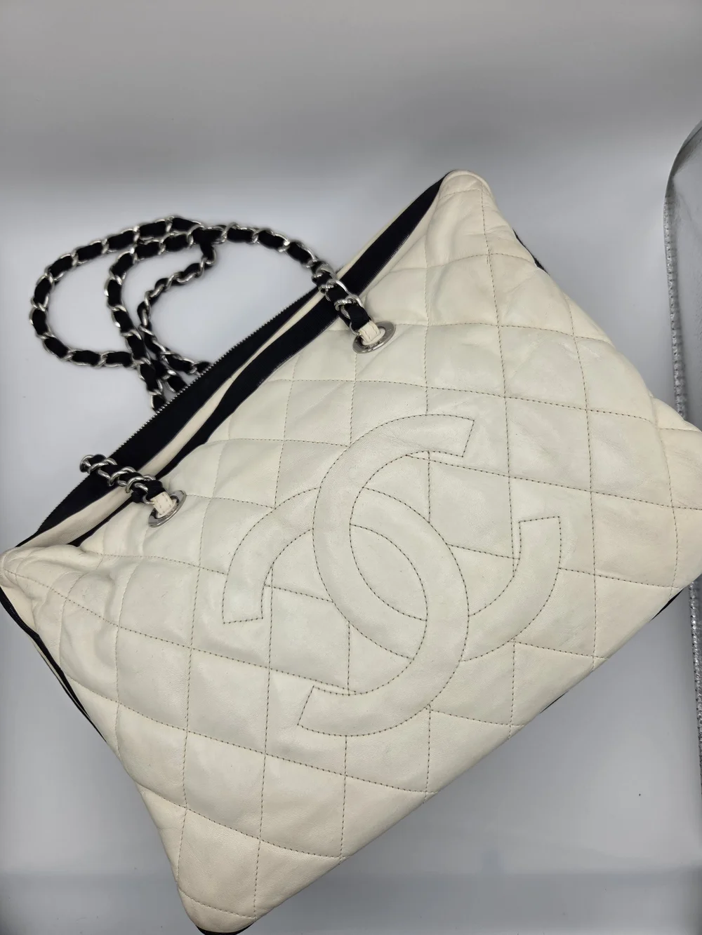 Vintage CHANEL Quilted Shopping Tote White & Black Purse